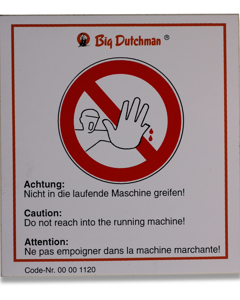 Aufkleber D/GB/F: Nicht in die laufende Maschine greifen!